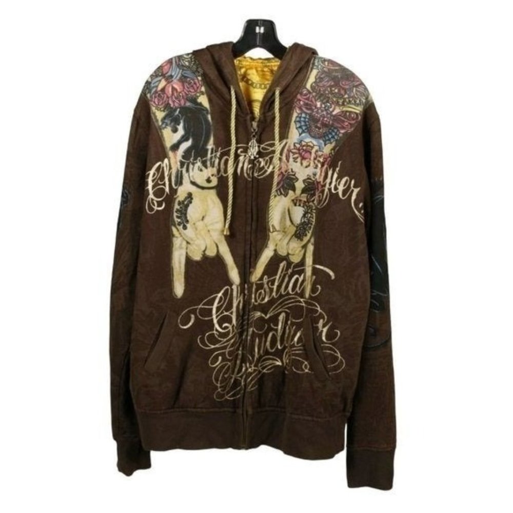 Christian Audigier Men's Brown Graphics Hoodie Size XL